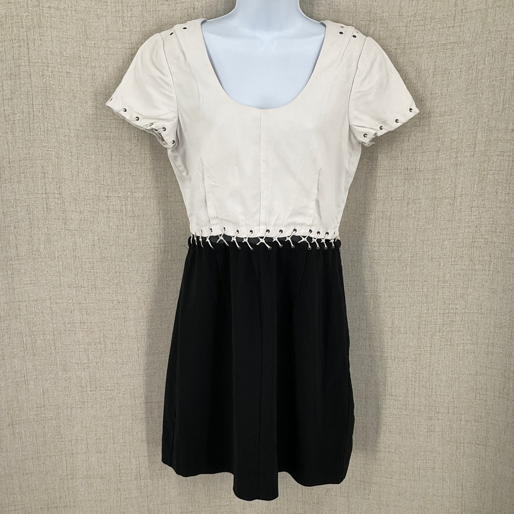 Rag & Bone Mini Dress Womens 6 White Black Cotton Whipstitch Grommet Edgyβ